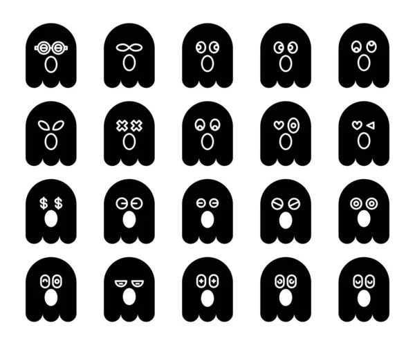 Bonito Preto Fantasma Emoji Emoticon Ícones Conjunto — Vetor de Stock