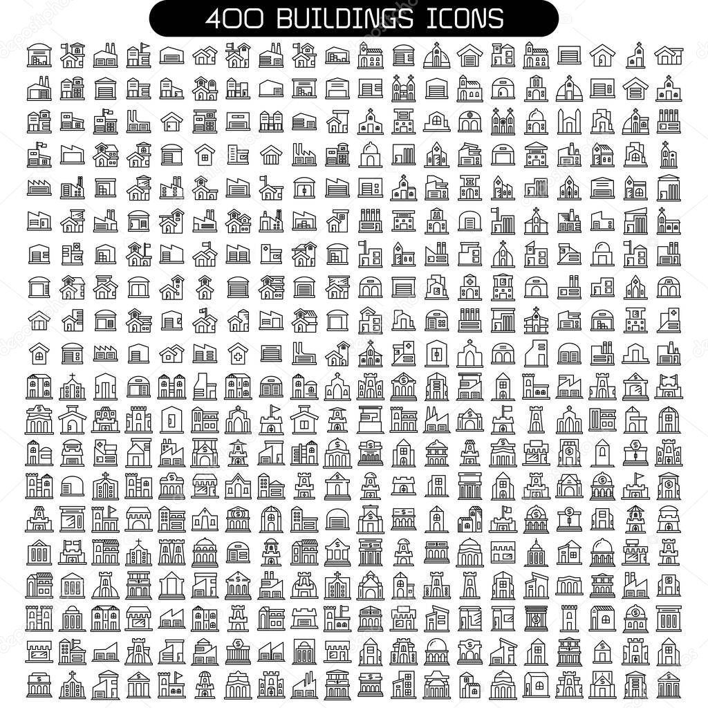 big set of 400 building icons line vector, construction, factory, house, estate, city, office, hotel, apartment and tower 