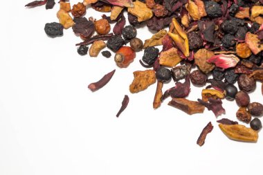 Kurutulmuş meyveler ve meyve. Meyve çayı. Meyve renkli parçaları. Üstten Görünüm