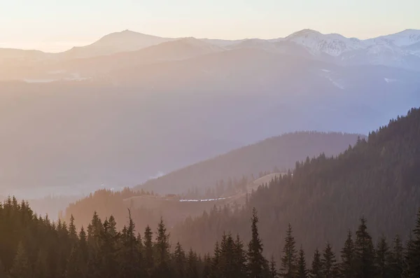 Forest Huis Bergen Bij Zonsondergang Reis Naar Bergen — Stockfoto