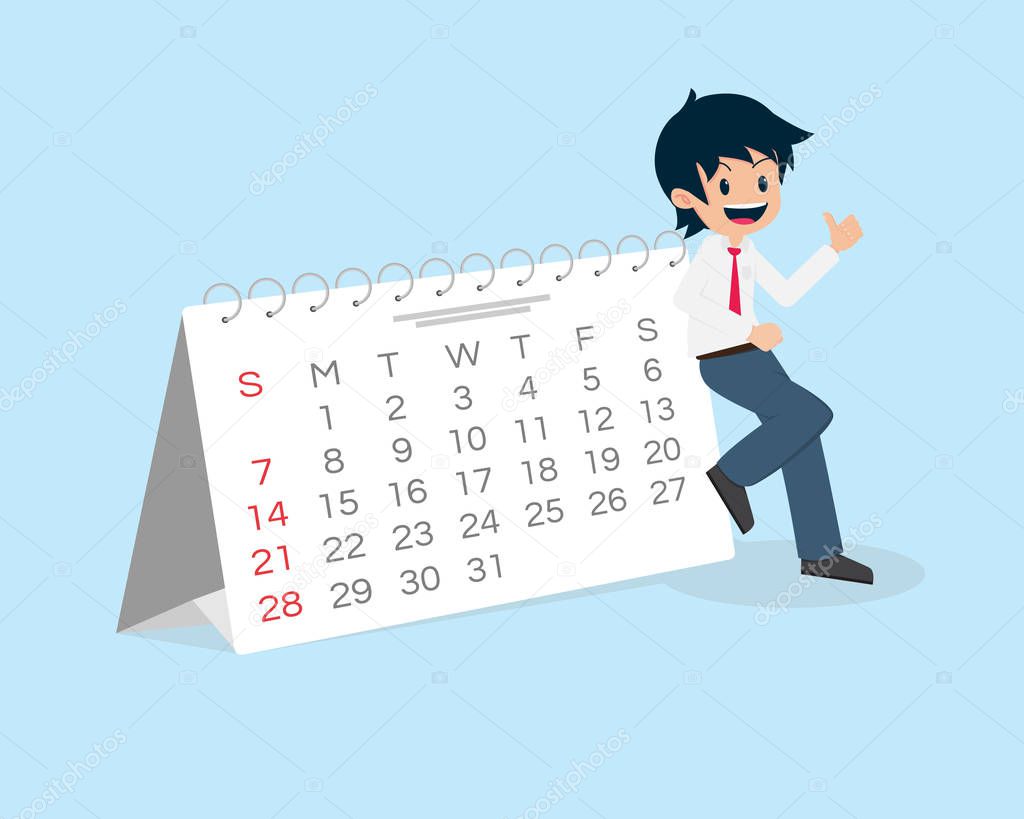 Salary Man 01 are Standing against the Calendar.Plan Appointment Schedule