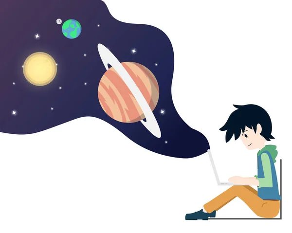 Boy Está Explorando Todo Que Necesario Saber Cuaderno Tierra Espacial — Vector de stock