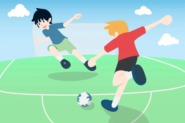 Два плоских человека играют в футбол — стоковый вектор