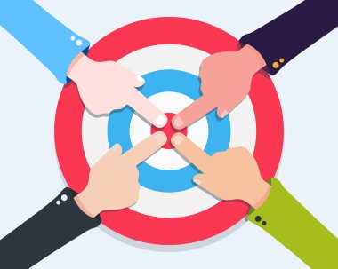 Düz eller hedefin merkezini birlikte gösteriyor. Aynı amaç için işbirliği.