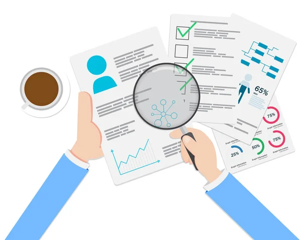 Mão Plana Segurando Uma Lupa Está Verificando Monte Informações Prepare — Vetor de Stock