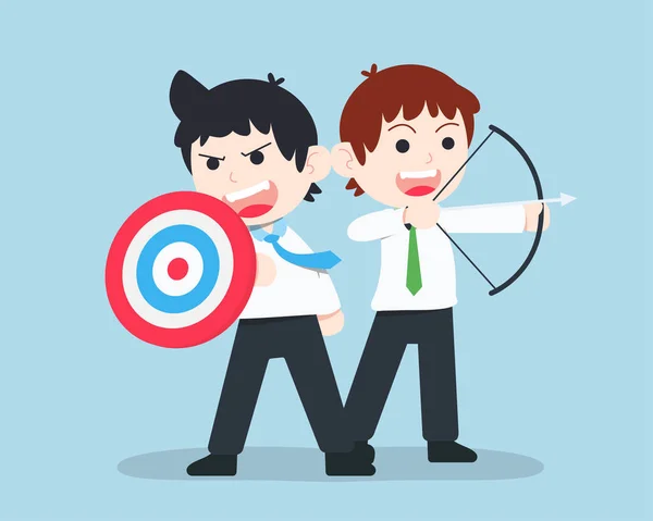 Business Man Stand Holding Shield Form Target Colleagues Held Bow — Stock Vector