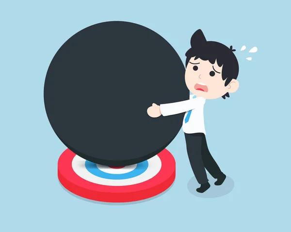 Business Man Προσπαθώντας Σηκώσει Πλήρως Γιγαντιαίο Μαύρη Μπάλα Που Είναι — Διανυσματικό Αρχείο