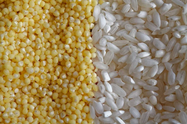 Mijo de grano amarillo con arroz blanco como textura o fondo El concepto de una nutrición adecuada y un estilo de vida saludable. Vista superior, primer plano como fondo o textura — Foto de Stock