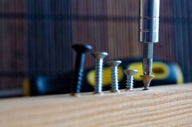 Scattered screw screwed with screwdriver into the wooden plank clipart