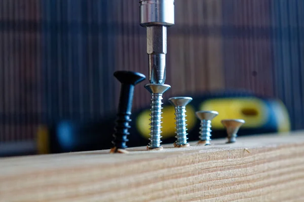 Scattered screw screwed with screwdriver into the wooden plank — Stock Photo, Image