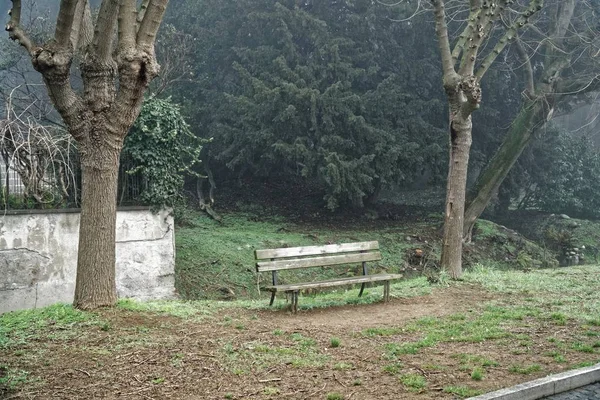 Alleen benche in de mistige jaagpad, geen mensen, eenzame stemming — Stockfoto