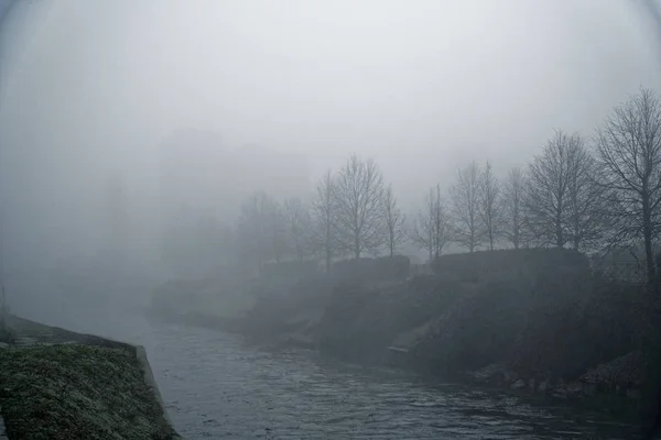 Camino de sirga místico con silueta de niebla de árboles y chanal de río, paseo nublado, lugar brumoso —  Fotos de Stock