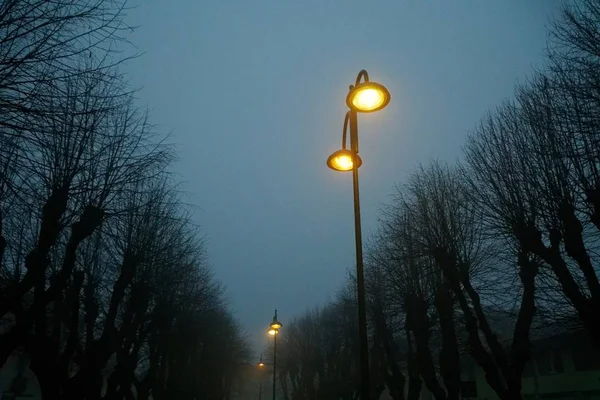 Straatverlichting in mistig weer, herfst, mistic nevel of mist — Stockfoto