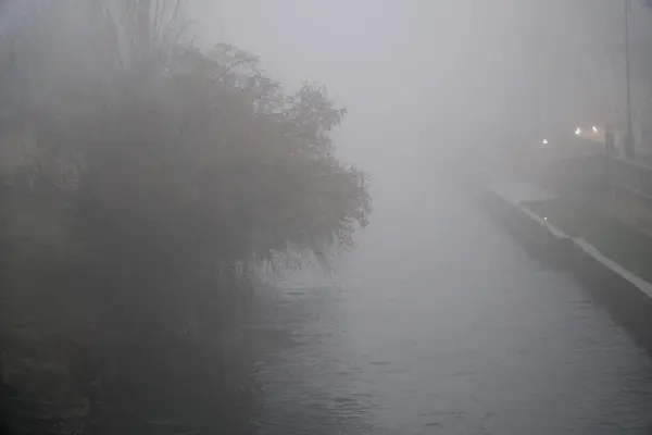 Mistige water kanaal kanaal met bomen op de rivier bank — Stockfoto