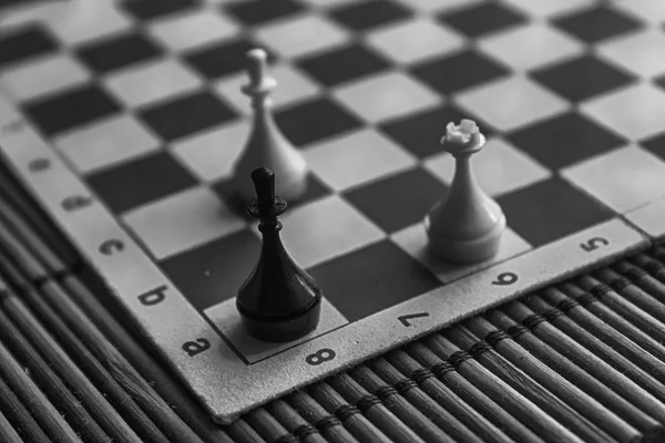 Monochromatický dřevěné šachovnici a ocelové šachové figurky, izolované na palubě — Stock fotografie