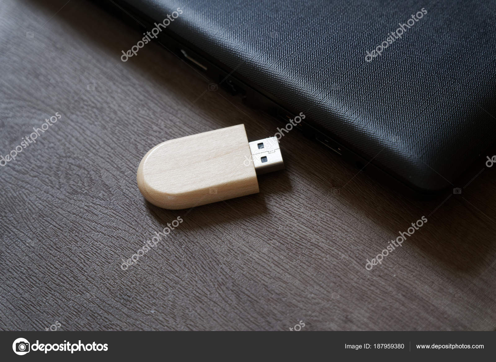 Usb Flash Drive With Wooden Surface On Desk For Usb Port Plug In
