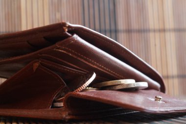 Kahverengi deri cüzdan euro para yığını