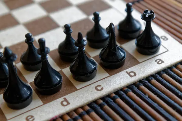 Tablero de ajedrez de madera magnética y piezas de ajedrez de plástico, a bordo —  Fotos de Stock