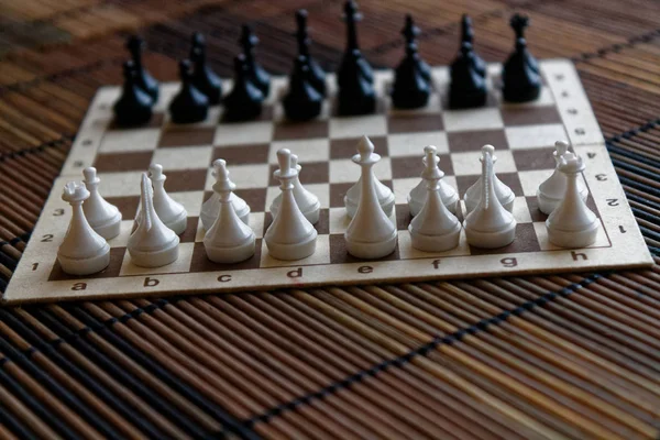 Tablero de ajedrez de madera magnética y piezas de ajedrez de plástico, a bordo — Foto de Stock