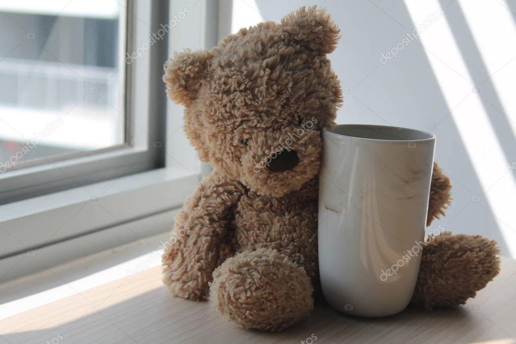 Bear toy with cup sitting by the window in shadows