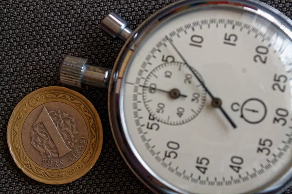 1 lira ve kronometre beown denim zemin - iş arka plan üzerinde bir mezhebi ile Türk madeni para — Stok fotoğraf