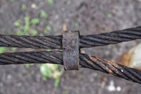 厚鋼ロープをクローズ アップ。橋柵要素。詳細ビュー。鋼鉄ケーブルの表面は錆と苔に覆われています。秋の日. — ストック写真