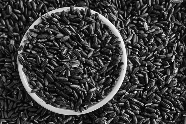 Monochrome Texture of Coarse black rice in white plate The concept of proper nutrition and healthy lifestyle. Top view, close-up as background or texture
