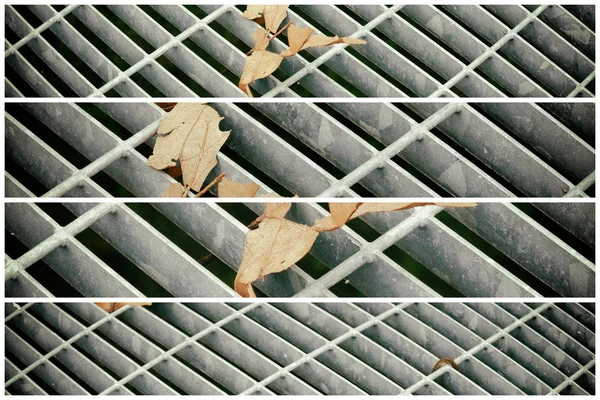 Quadratische Metallluke im städtischen Gehweg, Kanalschachtdeckel mit Markierungslinien und Blatt innen — Stockfoto