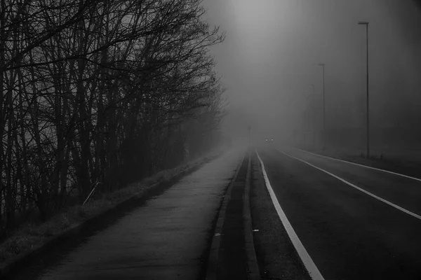 Asphalt road that goes through a misty foggy dark misterious pem — Stock Photo, Image