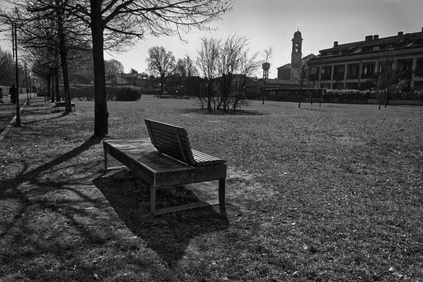 Monochromatický lavice umění ve veřejném parku, samota na jasný slunečný jarní den — Stock fotografie
