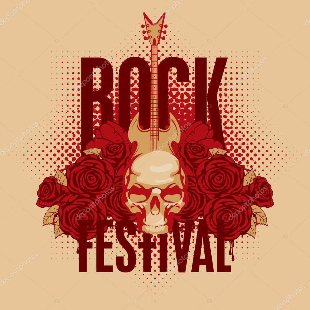 Music poster with an electric guitar among flowers roses and the words Rock festival