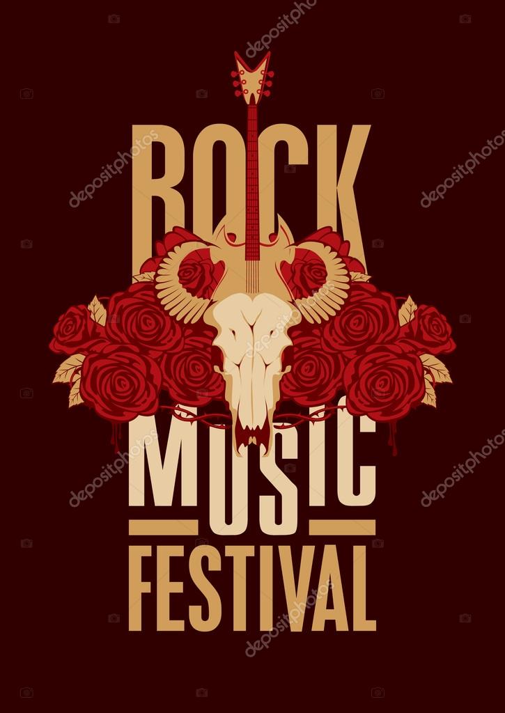 Banner poster for festival rock music with goat skull, roses and electric guitar