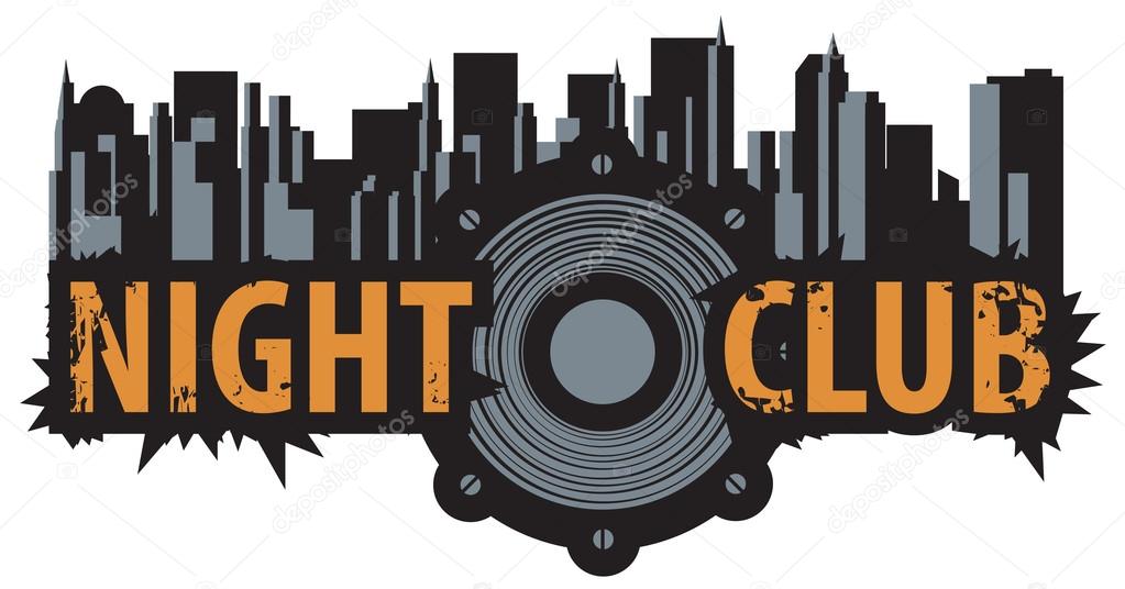 Vector logo for a night club with speaker over modern city background