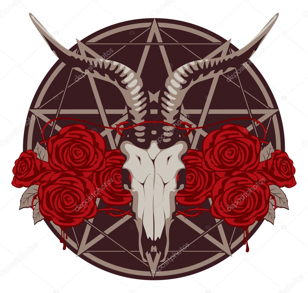 Emblem with goat skull and roses with a pentagram