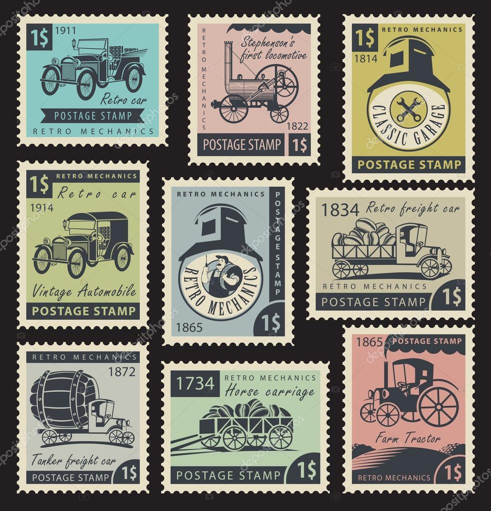 Set of stamps on the theme of road and rail transport in retro style