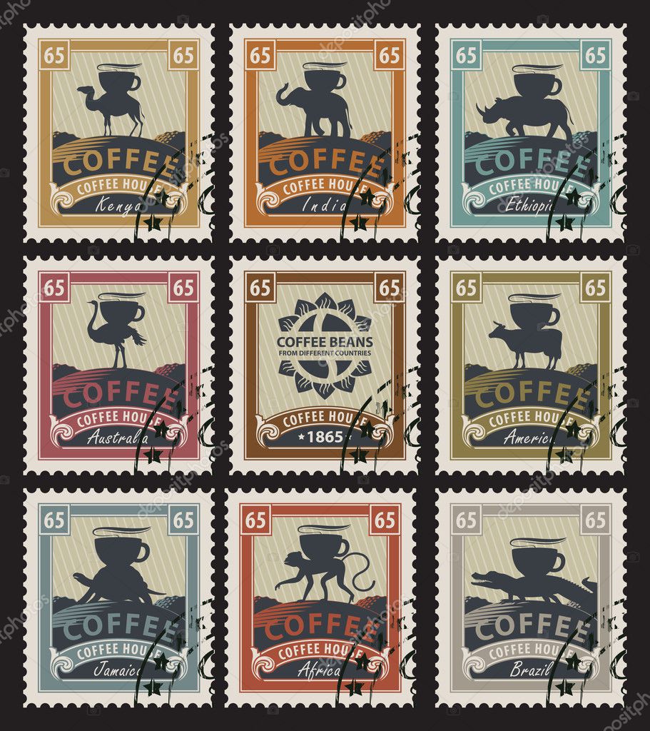 Postage stamps with coffee beans from different countries with animals