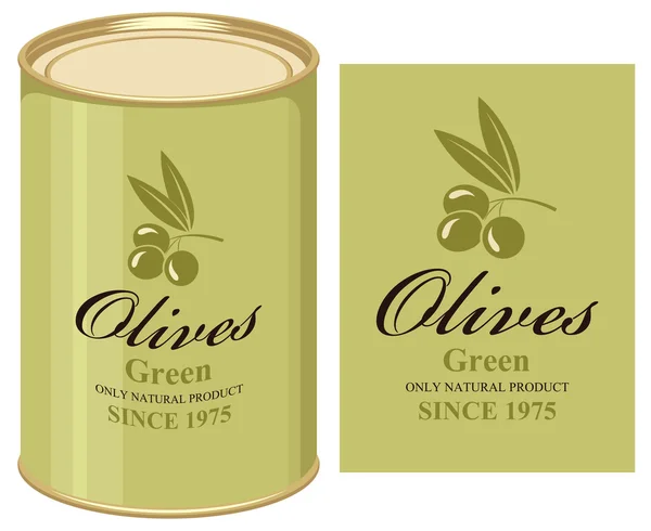 Tin can with label of green olives — Stock Vector