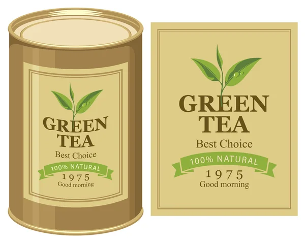 Lata con etiqueta de té verde — Vector de stock