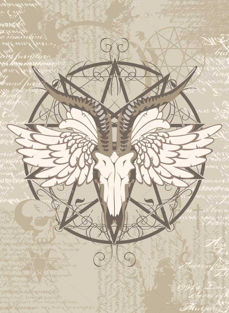 Pentagram with the image of a goat skull on the background of the papyrus with occult symbols