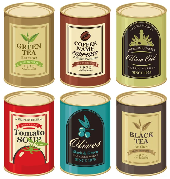 Tin can with label of various canned foods — Stock Vector
