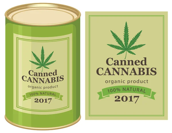 Plåtburk konserverade hampa och cannabis leaf — Stock vektor