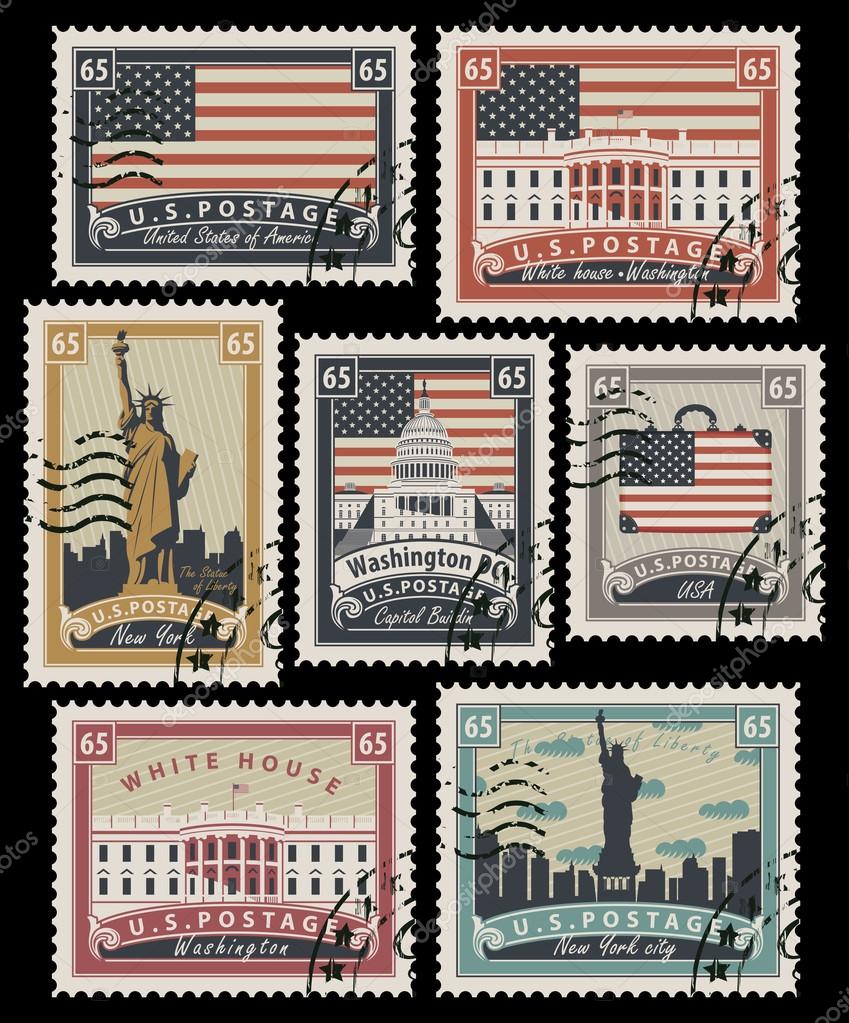 Set of Postage stamps with the image of the United States of America architectural landmarks in retro style