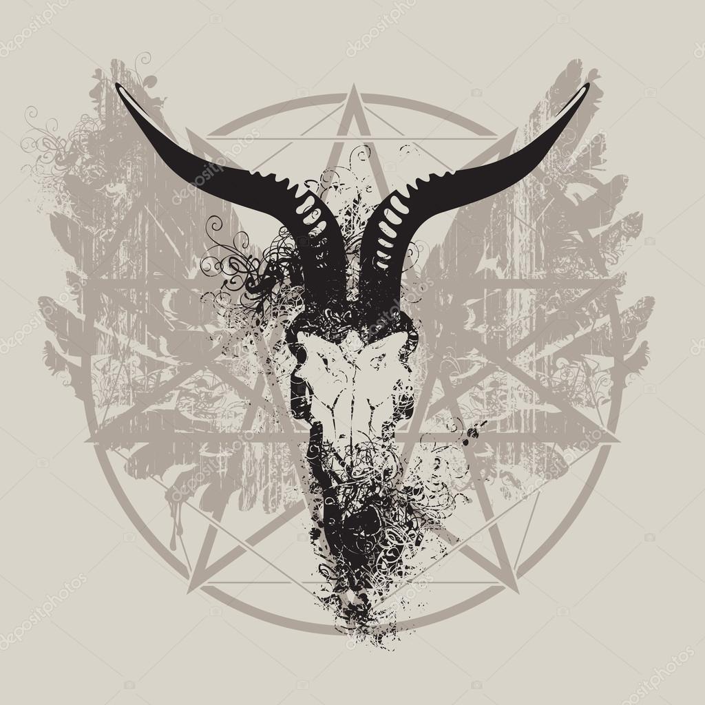 Vector illustration with skull of goat and wings and pentagram with splashes and curls