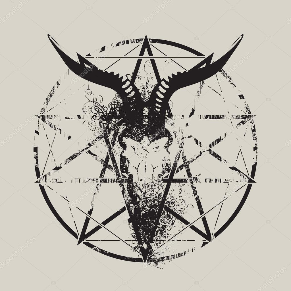 Vector illustration with skull of goat and pentagram with splashes and curls