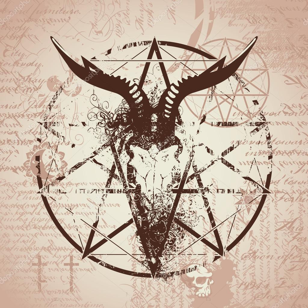 Vector illustration with skull of goat and pentagram with splashes on the background of old papyrus with magical inscriptions and symbols