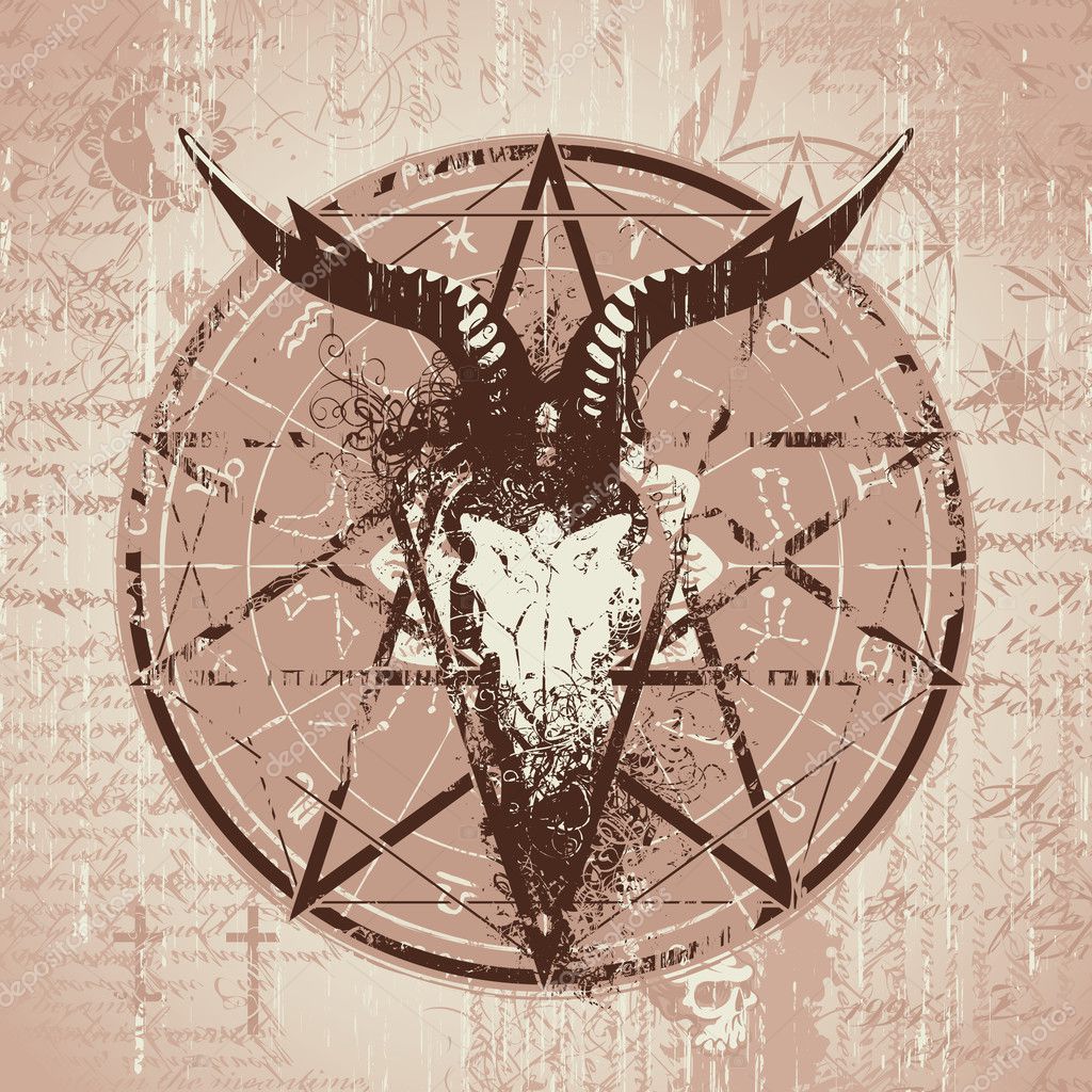 Vector illustration with skull of goat and pentagram with splashes on the background of old papyrus with magical inscriptions and symbols