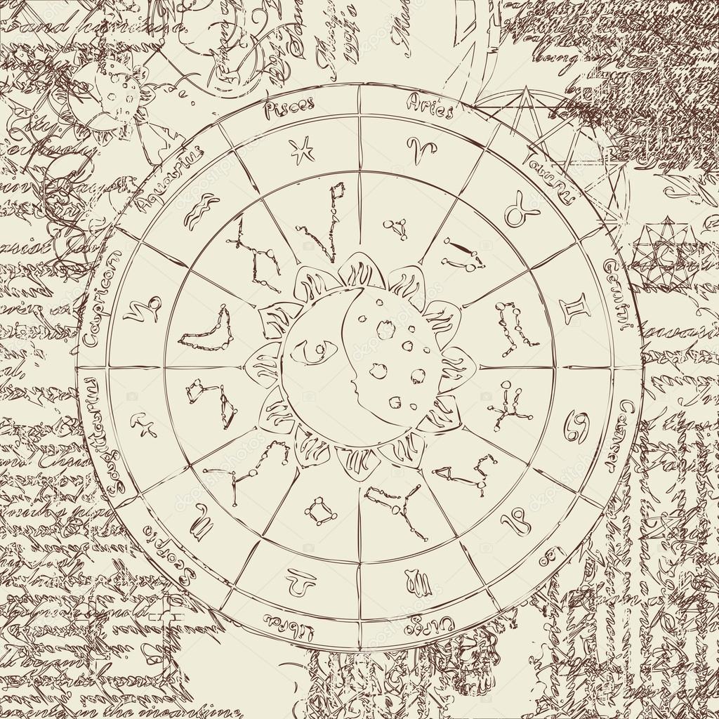 Zodiac with the sun, moon and constellations against the background of the papyrus with different symbols