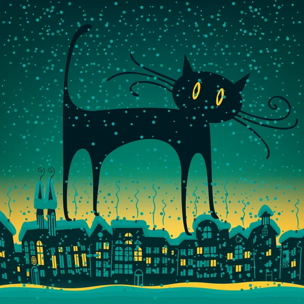 Kat is op het dak in de oude stad — Stockvector