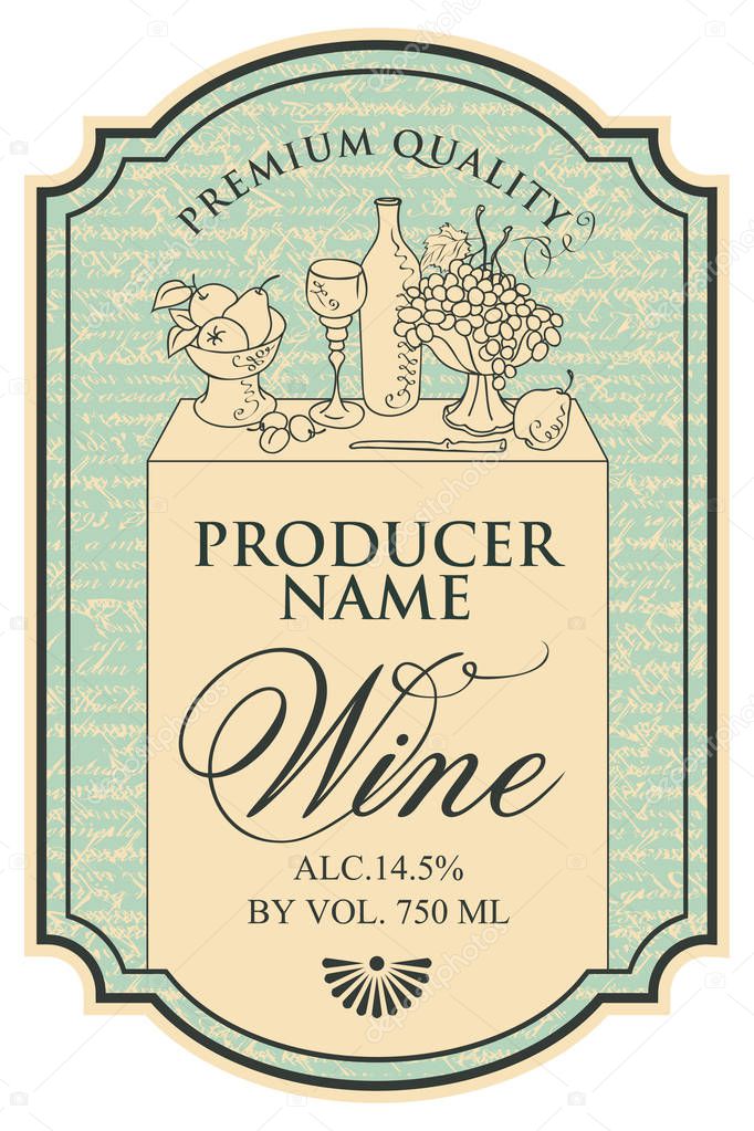 Wine label with the silhouette of a still life from bottles and bowl of fruit