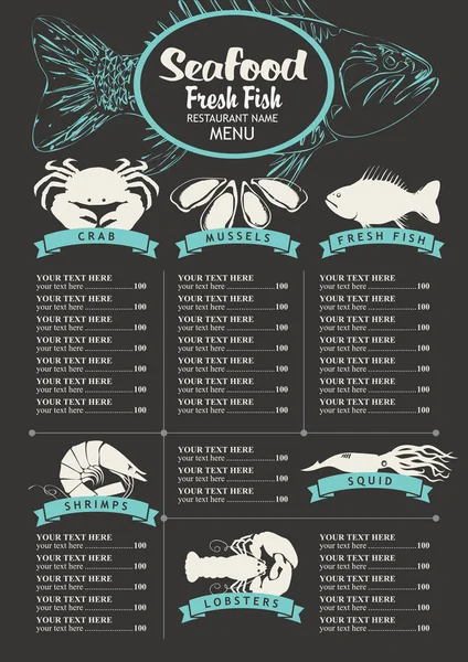 Menu avec liste de prix pour un fruit de mer — Image vectorielle